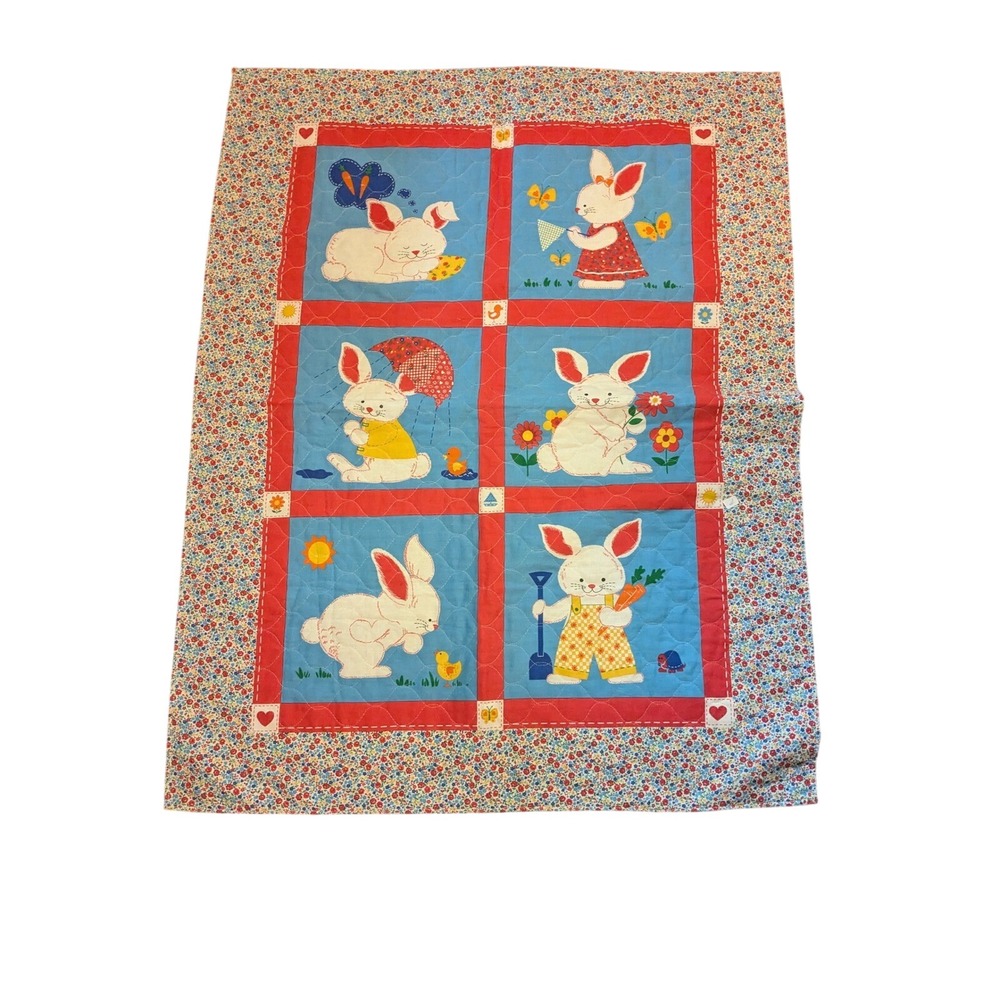 Vintage Handmade Quilted Baby Blanket Bunny Rabbit Floral Red Blue Nursery Quilt